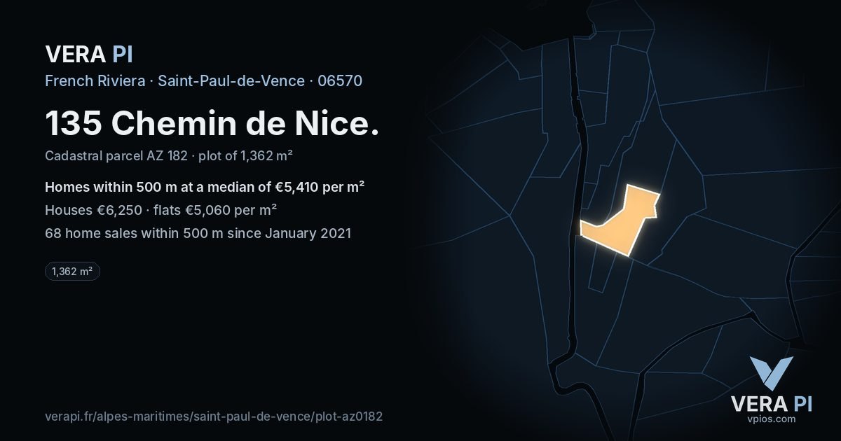 135 Chemin de Nice, Saint-Paul-de-Vence at night – the plot lit, the parcels around coloured by the prices near them