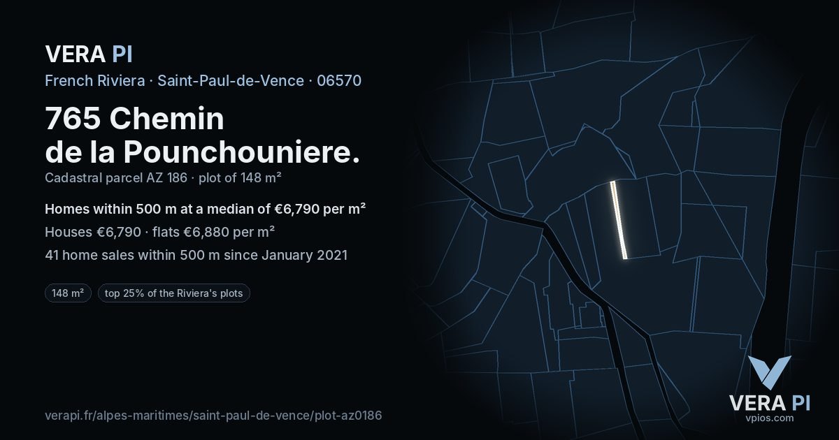 765 Chemin de la Pounchouniere, Saint-Paul-de-Vence at night – the plot lit, the parcels around coloured by the prices near them