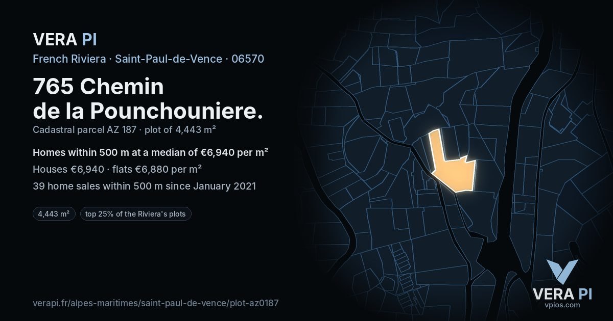 765 Chemin de la Pounchouniere, Saint-Paul-de-Vence at night – the plot lit, the parcels around coloured by the prices near them