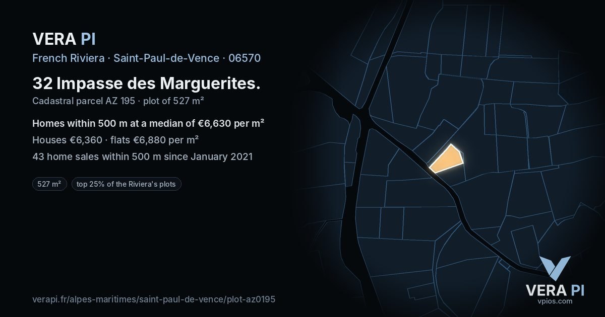 32 Impasse des Marguerites, Saint-Paul-de-Vence at night – the plot lit, the parcels around coloured by the prices near them