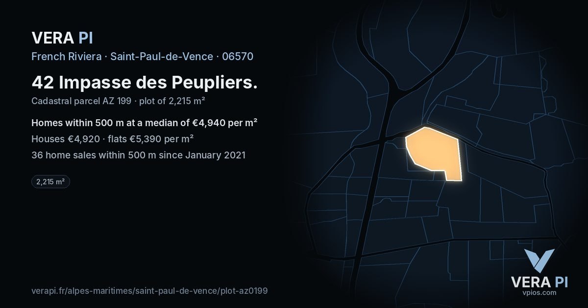 42 Impasse des Peupliers, Saint-Paul-de-Vence at night – the plot lit, the parcels around coloured by the prices near them