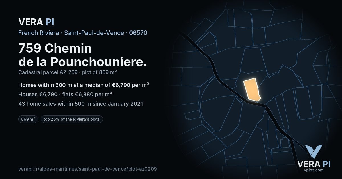 759 Chemin de la Pounchouniere, Saint-Paul-de-Vence at night – the plot lit, the parcels around coloured by the prices near them