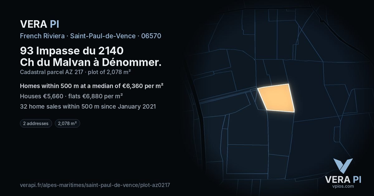 93 Impasse du 2140 Ch du Malvan à Dénommer, Saint-Paul-de-Vence at night – the plot lit, the parcels around coloured by the prices near them