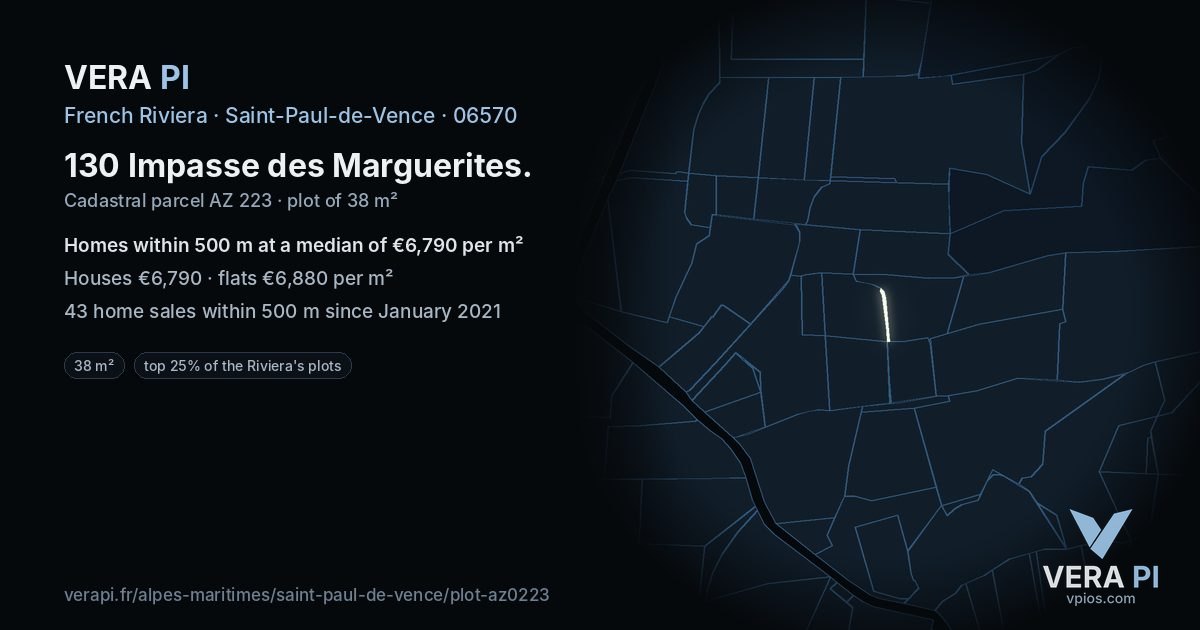 130 Impasse des Marguerites, Saint-Paul-de-Vence at night – the plot lit, the parcels around coloured by the prices near them