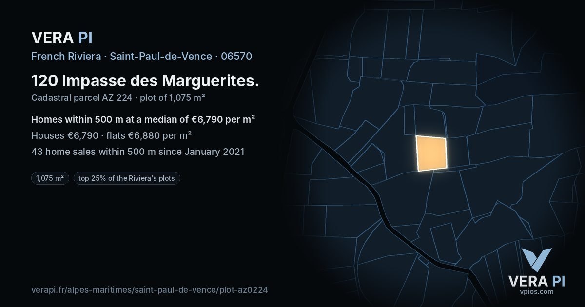 120 Impasse des Marguerites, Saint-Paul-de-Vence at night – the plot lit, the parcels around coloured by the prices near them