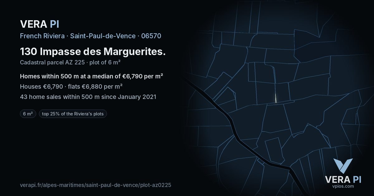 130 Impasse des Marguerites, Saint-Paul-de-Vence at night – the plot lit, the parcels around coloured by the prices near them