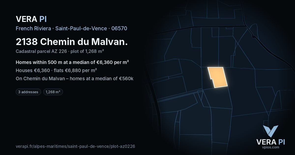 2138 Chemin du Malvan, Saint-Paul-de-Vence at night – the plot lit, the parcels around coloured by the prices near them