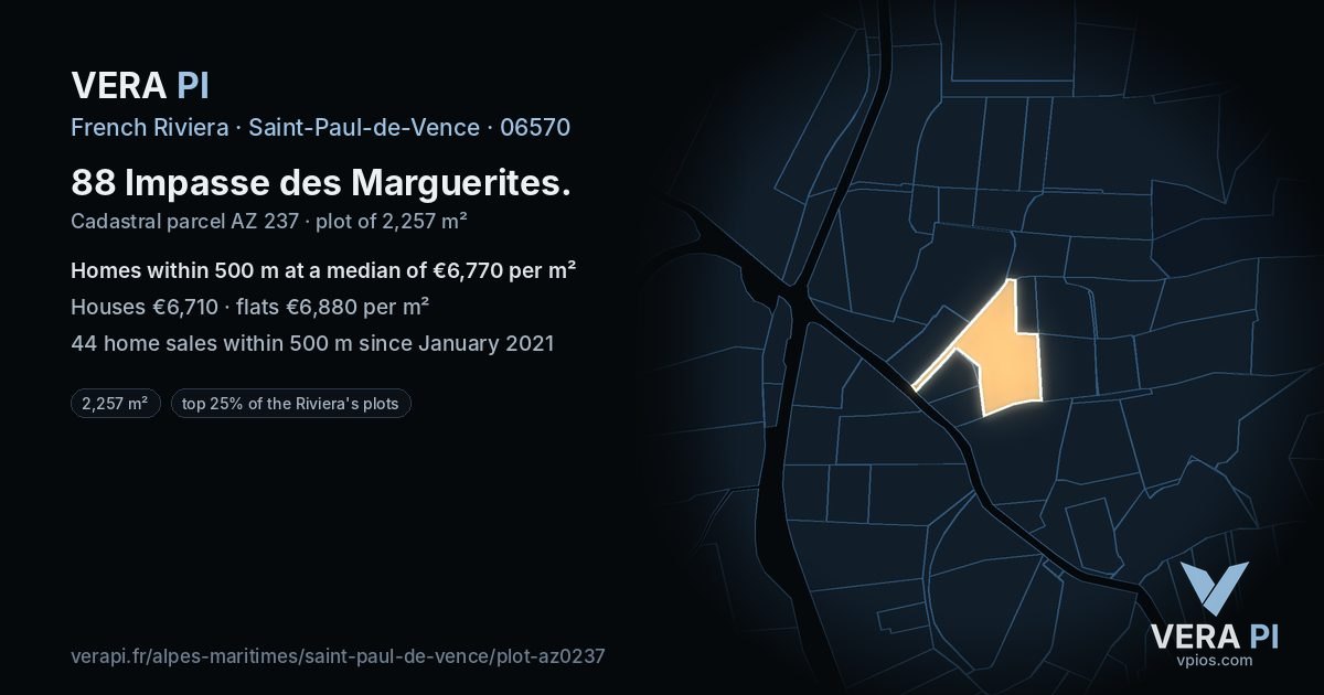 88 Impasse des Marguerites, Saint-Paul-de-Vence at night – the plot lit, the parcels around coloured by the prices near them