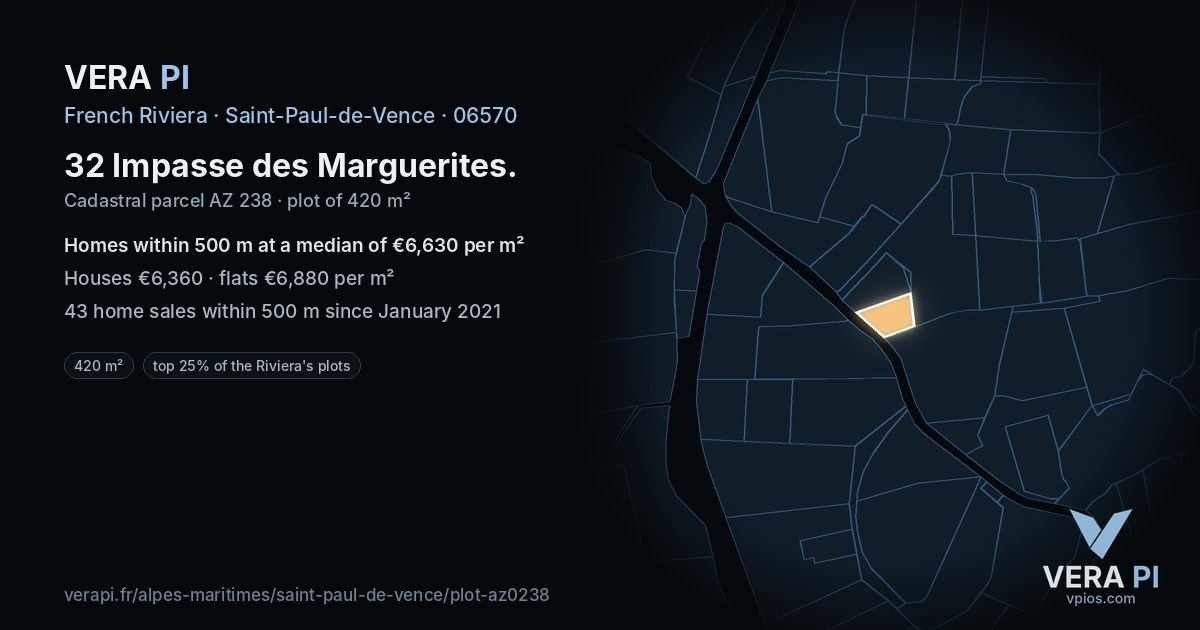 32 Impasse des Marguerites, Saint-Paul-de-Vence at night – the plot lit, the parcels around coloured by the prices near them