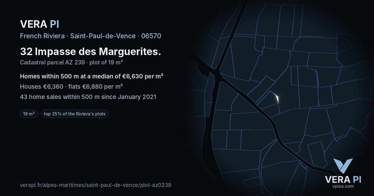 32 Impasse des Marguerites, Saint-Paul-de-Vence at night – the plot lit, the parcels around coloured by the prices near them
