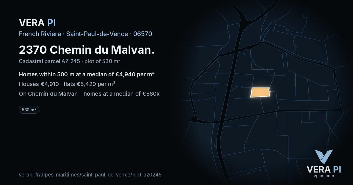 2370 Chemin du Malvan, Saint-Paul-de-Vence at night – the plot lit, the parcels around coloured by the prices near them