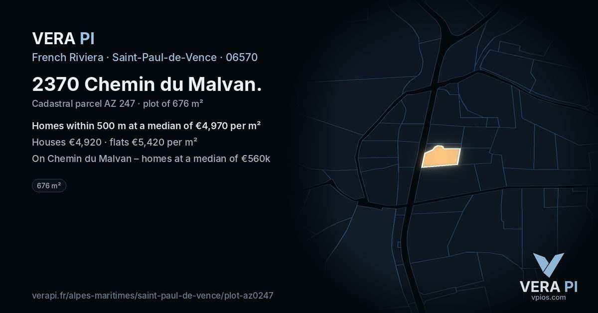 2370 Chemin du Malvan, Saint-Paul-de-Vence at night – the plot lit, the parcels around coloured by the prices near them