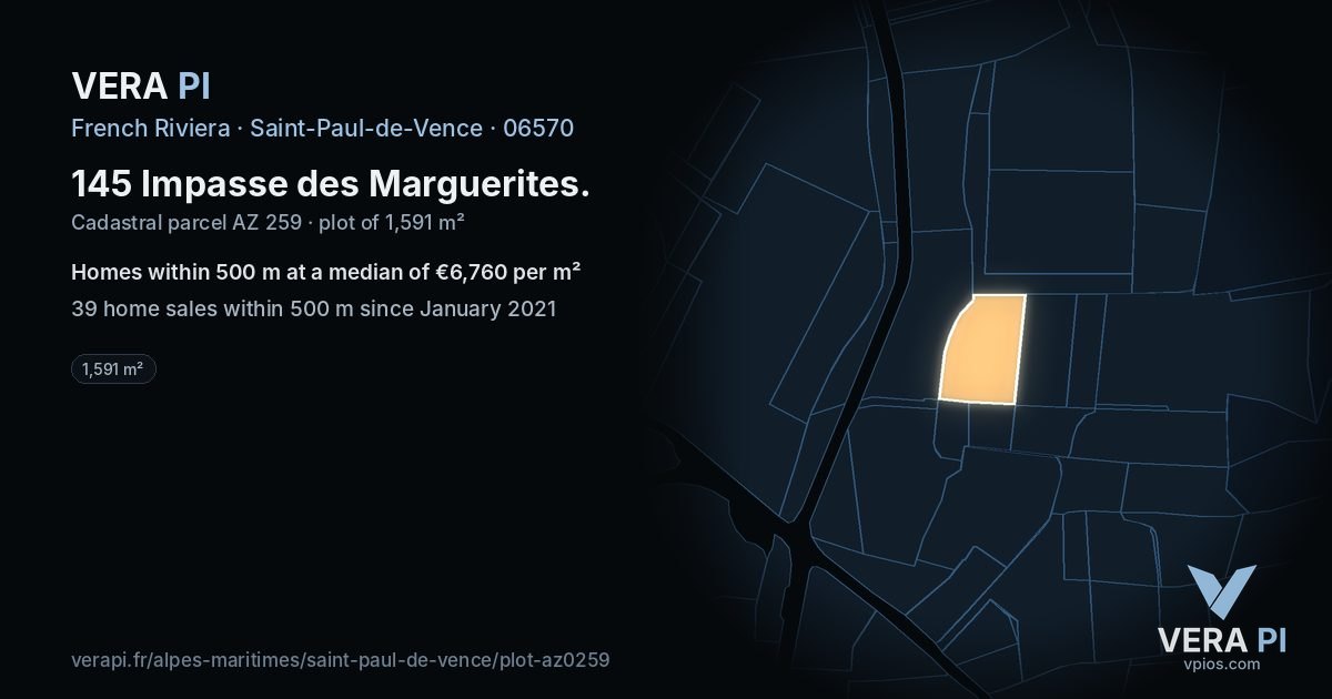 145 Impasse des Marguerites, Saint-Paul-de-Vence at night – the plot lit, the parcels around coloured by the prices near them