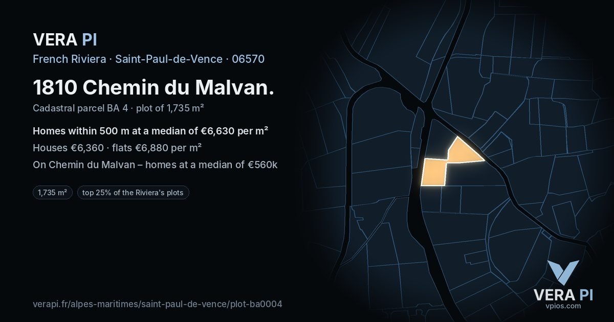 1810 Chemin du Malvan, Saint-Paul-de-Vence at night – the plot lit, the parcels around coloured by the prices near them