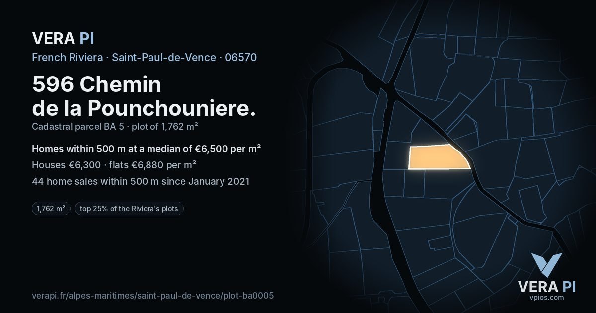 596 Chemin de la Pounchouniere, Saint-Paul-de-Vence at night – the plot lit, the parcels around coloured by the prices near them