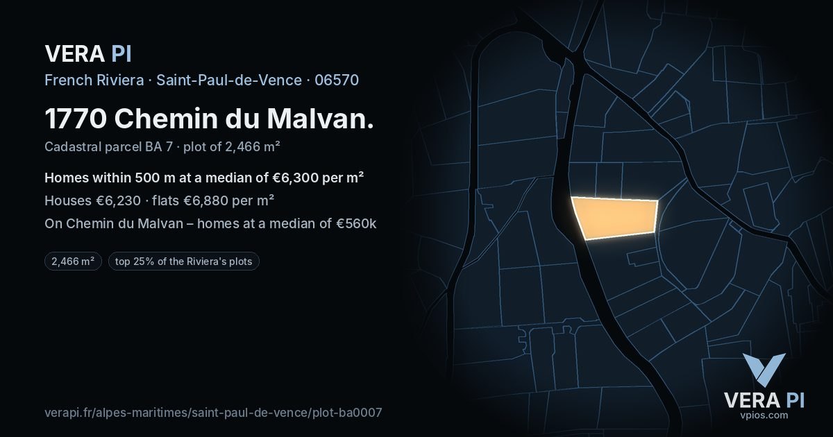 1770 Chemin du Malvan, Saint-Paul-de-Vence at night – the plot lit, the parcels around coloured by the prices near them