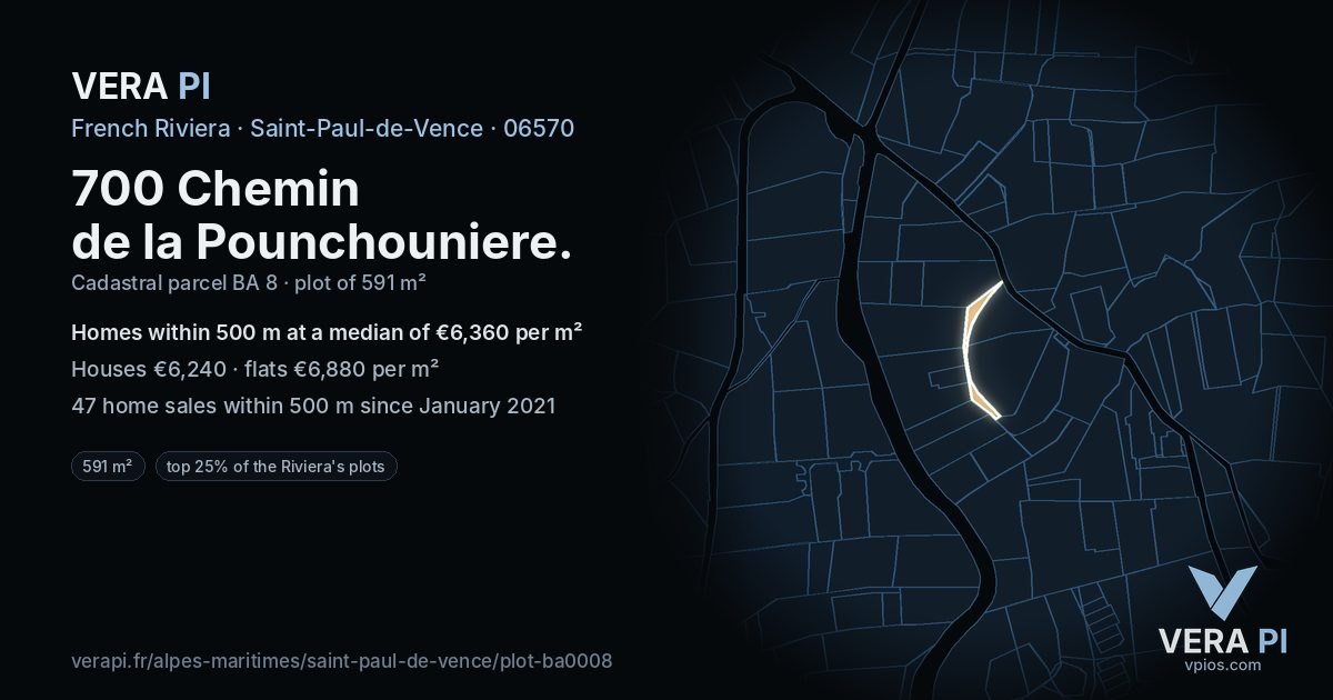 700 Chemin de la Pounchouniere, Saint-Paul-de-Vence at night – the plot lit, the parcels around coloured by the prices near them
