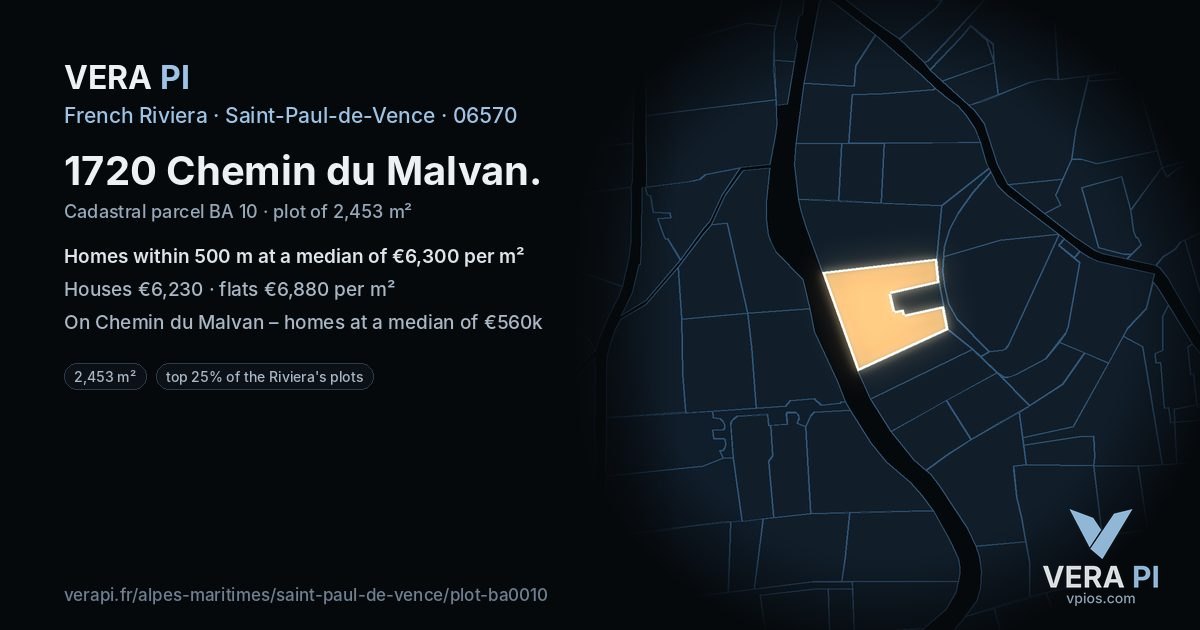 1720 Chemin du Malvan, Saint-Paul-de-Vence at night – the plot lit, the parcels around coloured by the prices near them