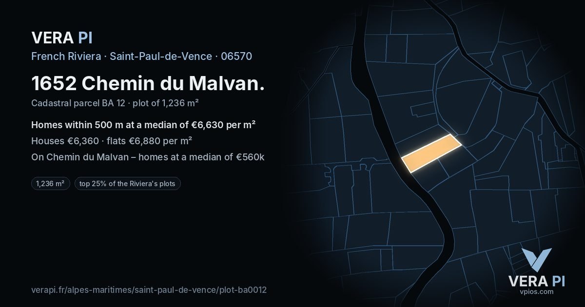 1652 Chemin du Malvan, Saint-Paul-de-Vence at night – the plot lit, the parcels around coloured by the prices near them