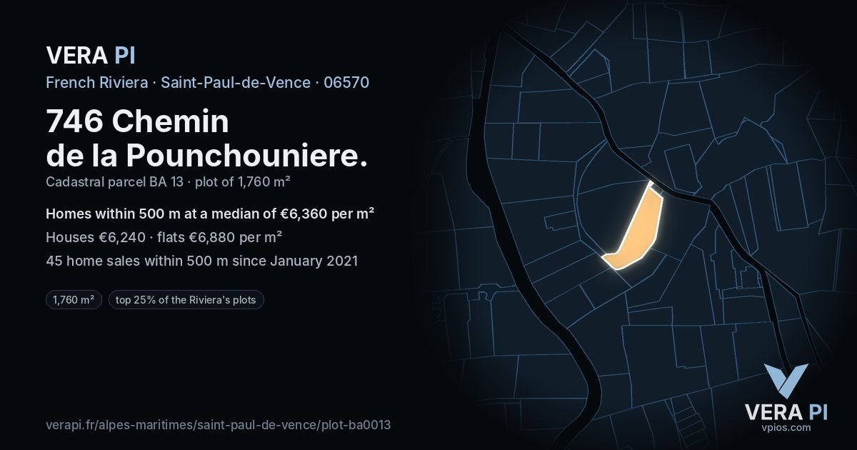 746 Chemin de la Pounchouniere, Saint-Paul-de-Vence at night – the plot lit, the parcels around coloured by the prices near them