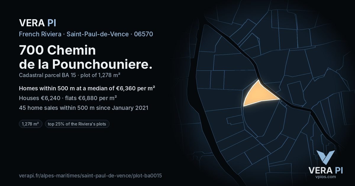 700 Chemin de la Pounchouniere, Saint-Paul-de-Vence at night – the plot lit, the parcels around coloured by the prices near them