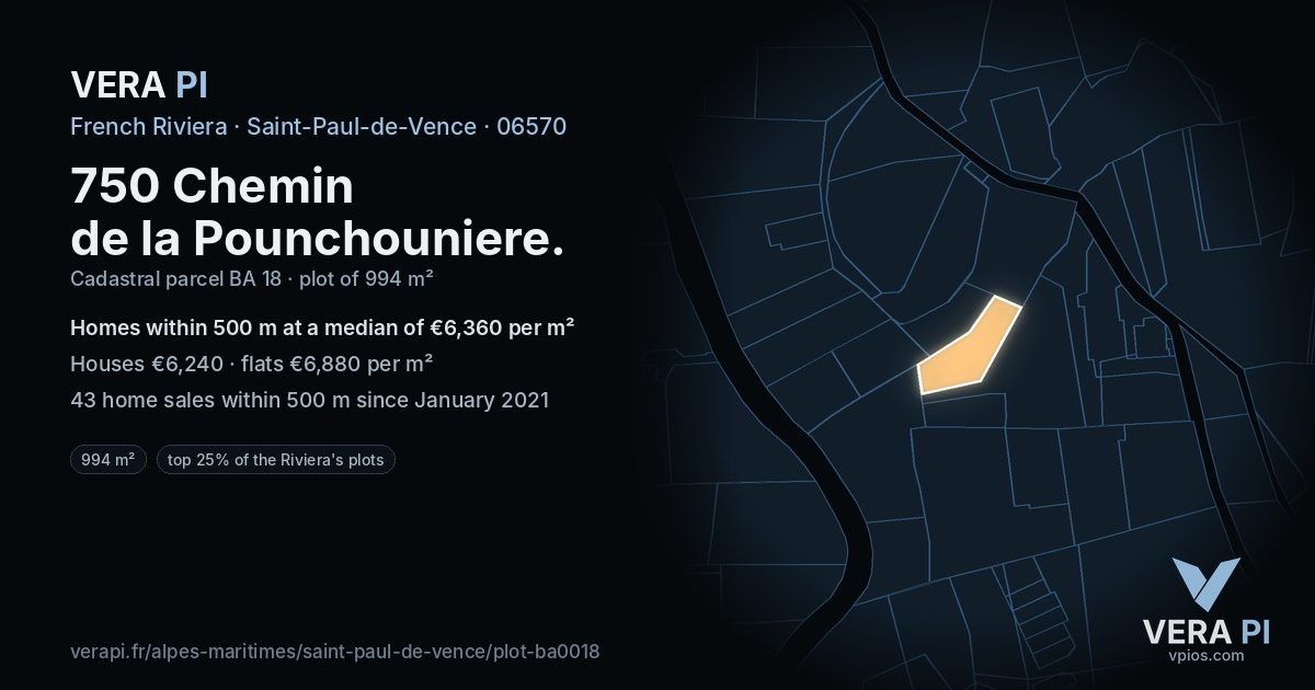 750 Chemin de la Pounchouniere, Saint-Paul-de-Vence at night – the plot lit, the parcels around coloured by the prices near them