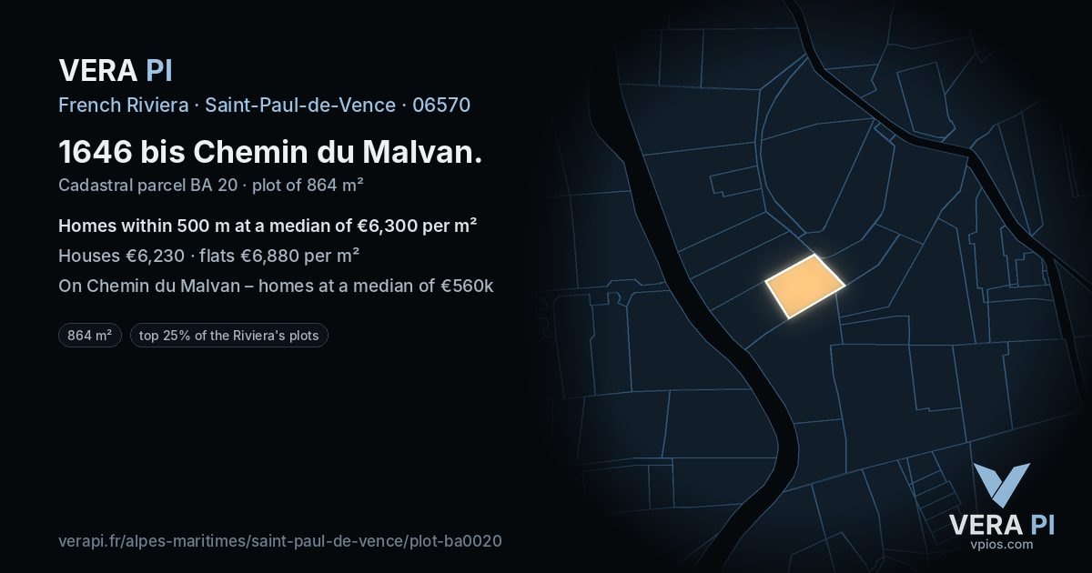 1646 bis Chemin du Malvan, Saint-Paul-de-Vence at night – the plot lit, the parcels around coloured by the prices near them
