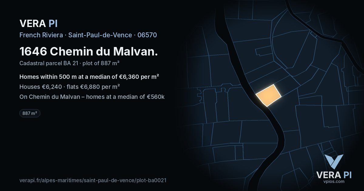 1646 Chemin du Malvan, Saint-Paul-de-Vence at night – the plot lit, the parcels around coloured by the prices near them