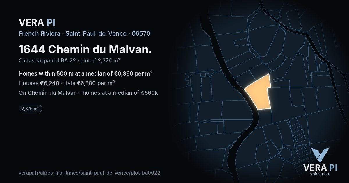 1644 Chemin du Malvan, Saint-Paul-de-Vence at night – the plot lit, the parcels around coloured by the prices near them