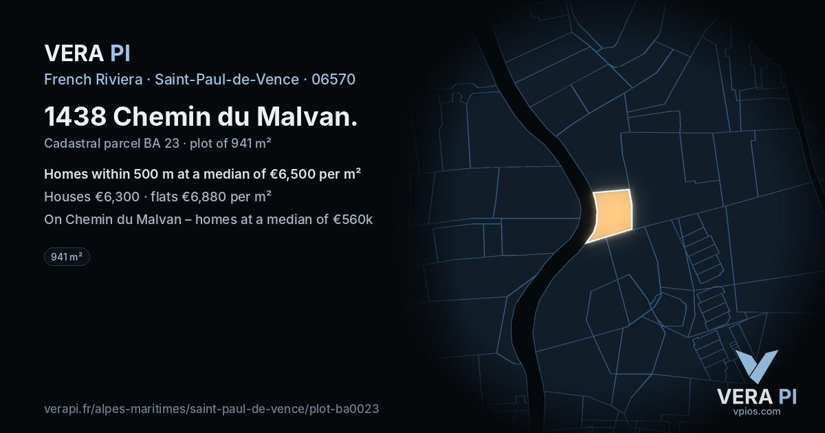 1438 Chemin du Malvan, Saint-Paul-de-Vence at night – the plot lit, the parcels around coloured by the prices near them