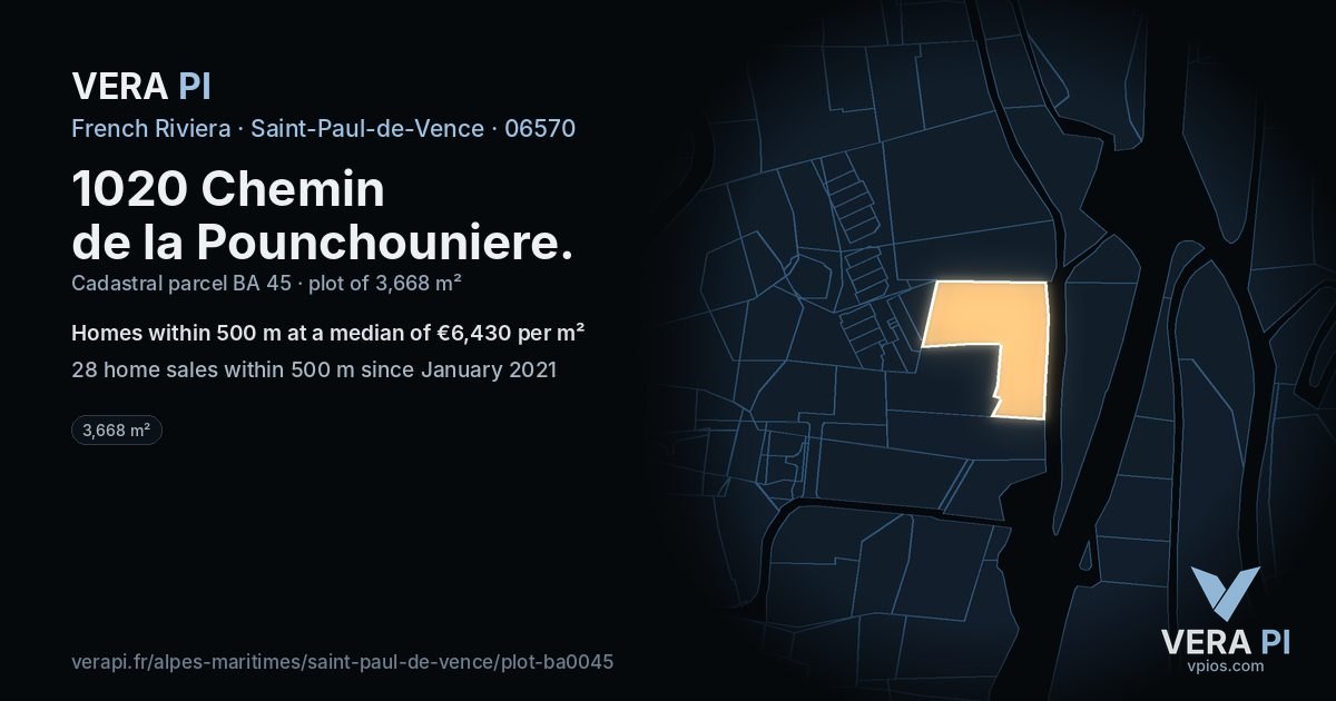 1020 Chemin de la Pounchouniere, Saint-Paul-de-Vence at night – the plot lit, the parcels around coloured by the prices near them