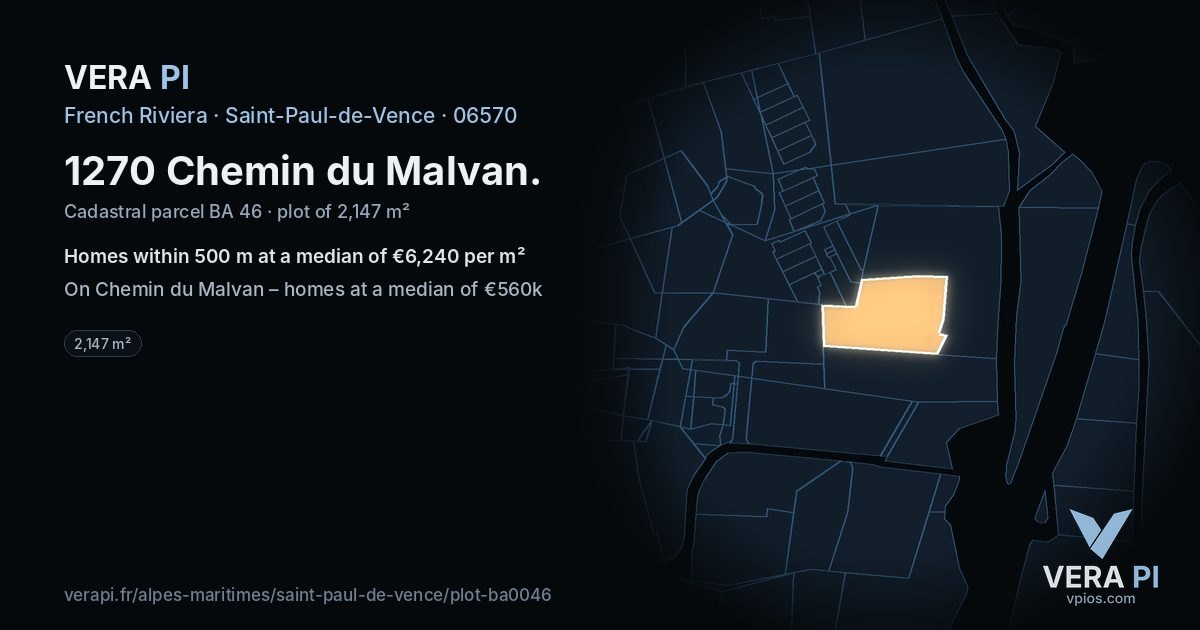 1270 Chemin du Malvan, Saint-Paul-de-Vence at night – the plot lit, the parcels around coloured by the prices near them