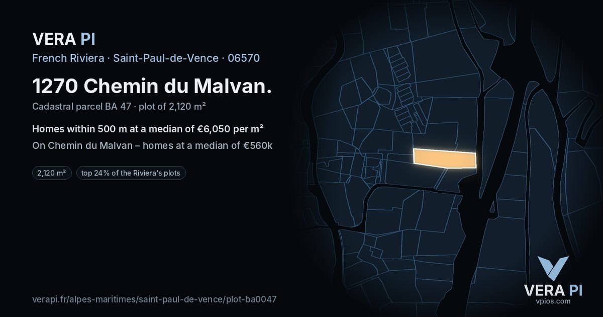 1270 Chemin du Malvan, Saint-Paul-de-Vence at night – the plot lit, the parcels around coloured by the prices near them