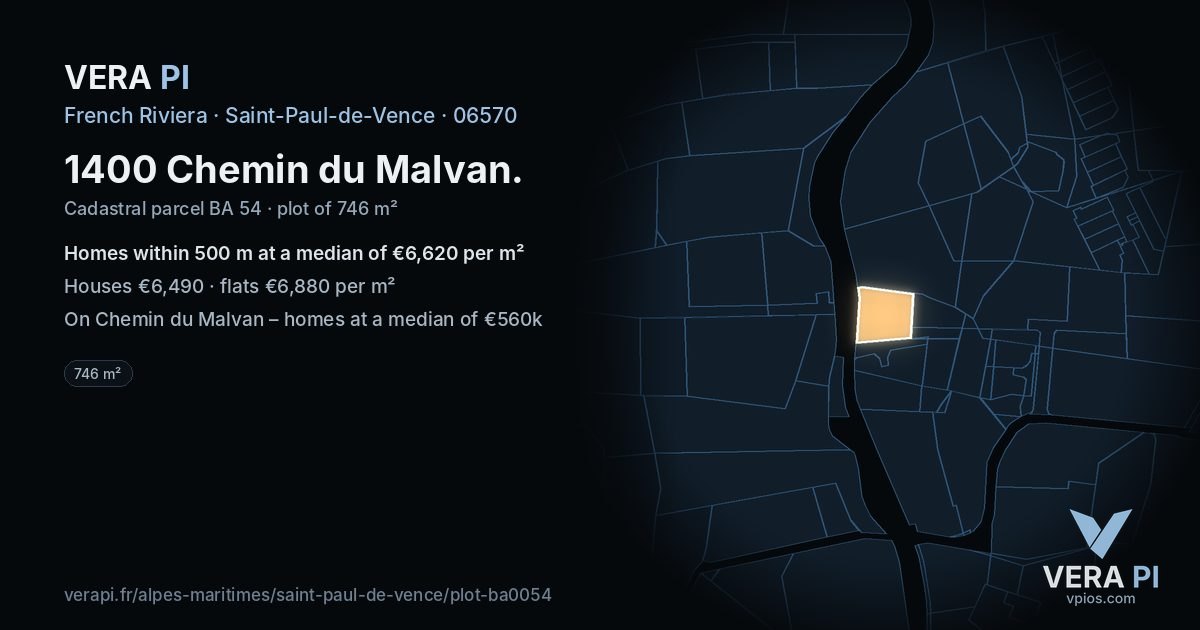 1400 Chemin du Malvan, Saint-Paul-de-Vence at night – the plot lit, the parcels around coloured by the prices near them