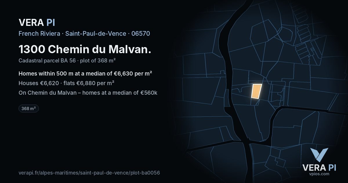 1300 Chemin du Malvan, Saint-Paul-de-Vence at night – the plot lit, the parcels around coloured by the prices near them