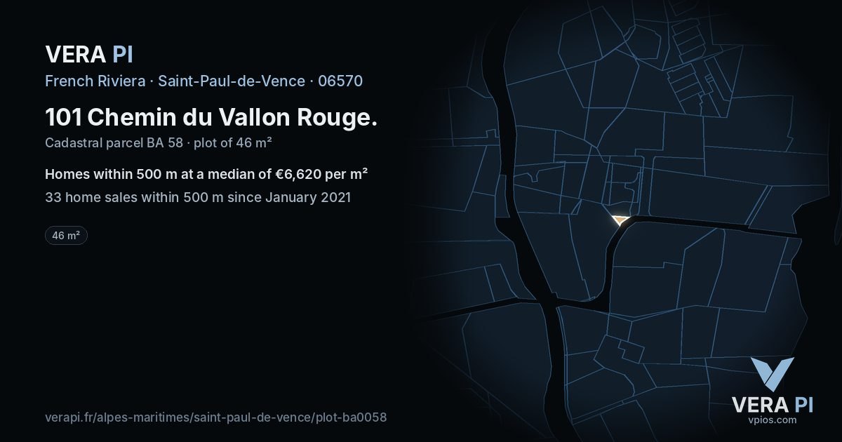 101 Chemin du Vallon Rouge, Saint-Paul-de-Vence at night – the plot lit, the parcels around coloured by the prices near them