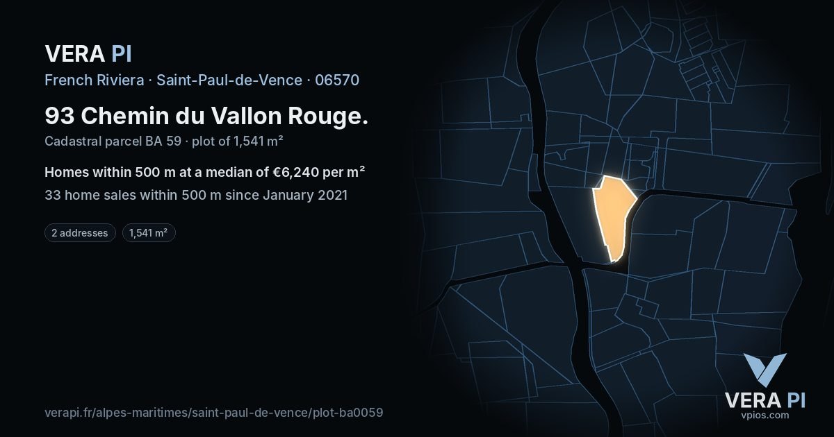 93 Chemin du Vallon Rouge, Saint-Paul-de-Vence at night – the plot lit, the parcels around coloured by the prices near them