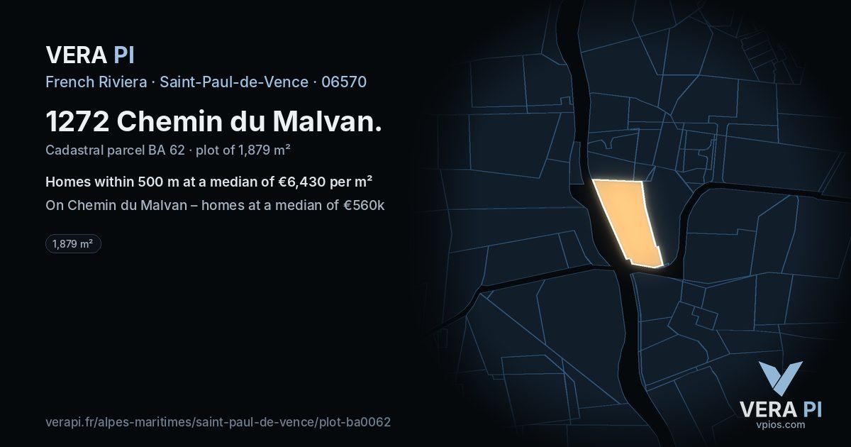 1272 Chemin du Malvan, Saint-Paul-de-Vence at night – the plot lit, the parcels around coloured by the prices near them