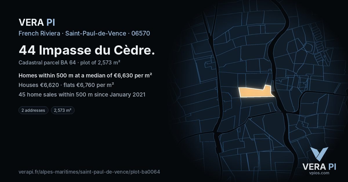 44 Impasse du Cèdre, Saint-Paul-de-Vence at night – the plot lit, the parcels around coloured by the prices near them