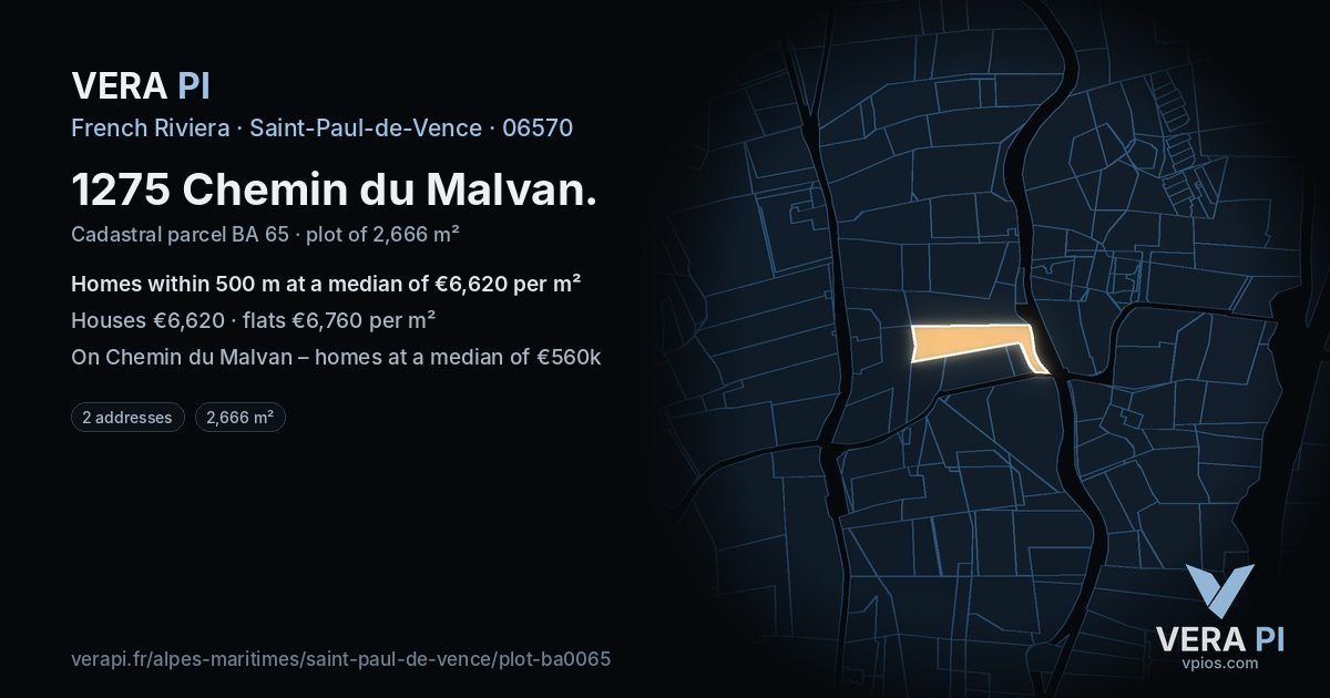 1275 Chemin du Malvan, Saint-Paul-de-Vence at night – the plot lit, the parcels around coloured by the prices near them