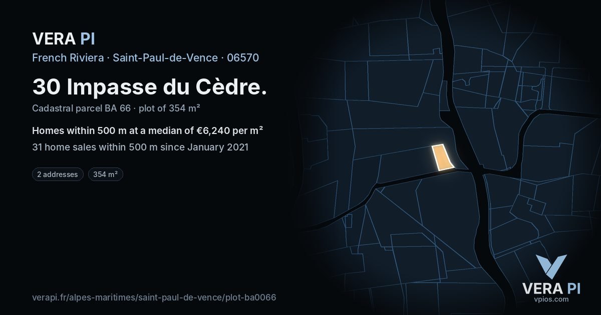 30 Impasse du Cèdre, Saint-Paul-de-Vence at night – the plot lit, the parcels around coloured by the prices near them