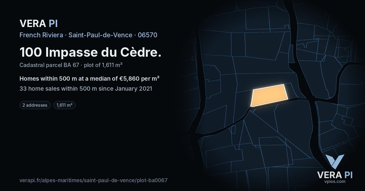 100 Impasse du Cèdre, Saint-Paul-de-Vence at night – the plot lit, the parcels around coloured by the prices near them