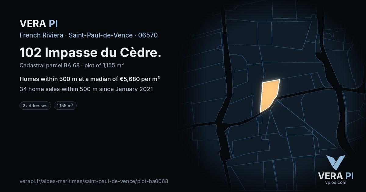 102 Impasse du Cèdre, Saint-Paul-de-Vence at night – the plot lit, the parcels around coloured by the prices near them