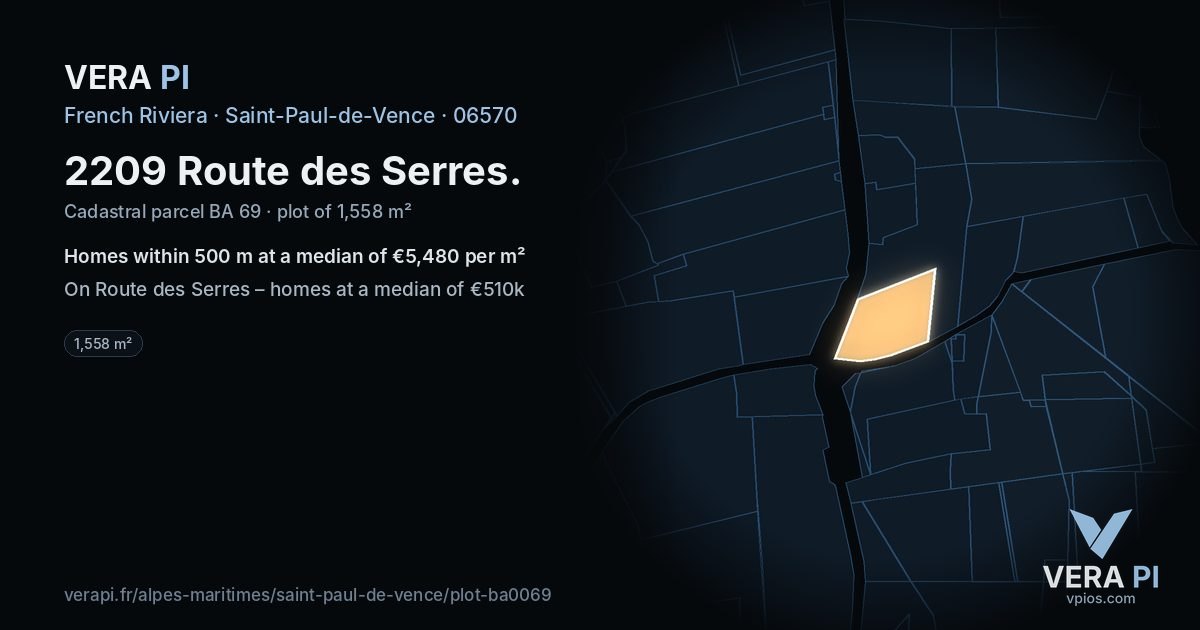 2209 Route des Serres, Saint-Paul-de-Vence at night – the plot lit, the parcels around coloured by the prices near them