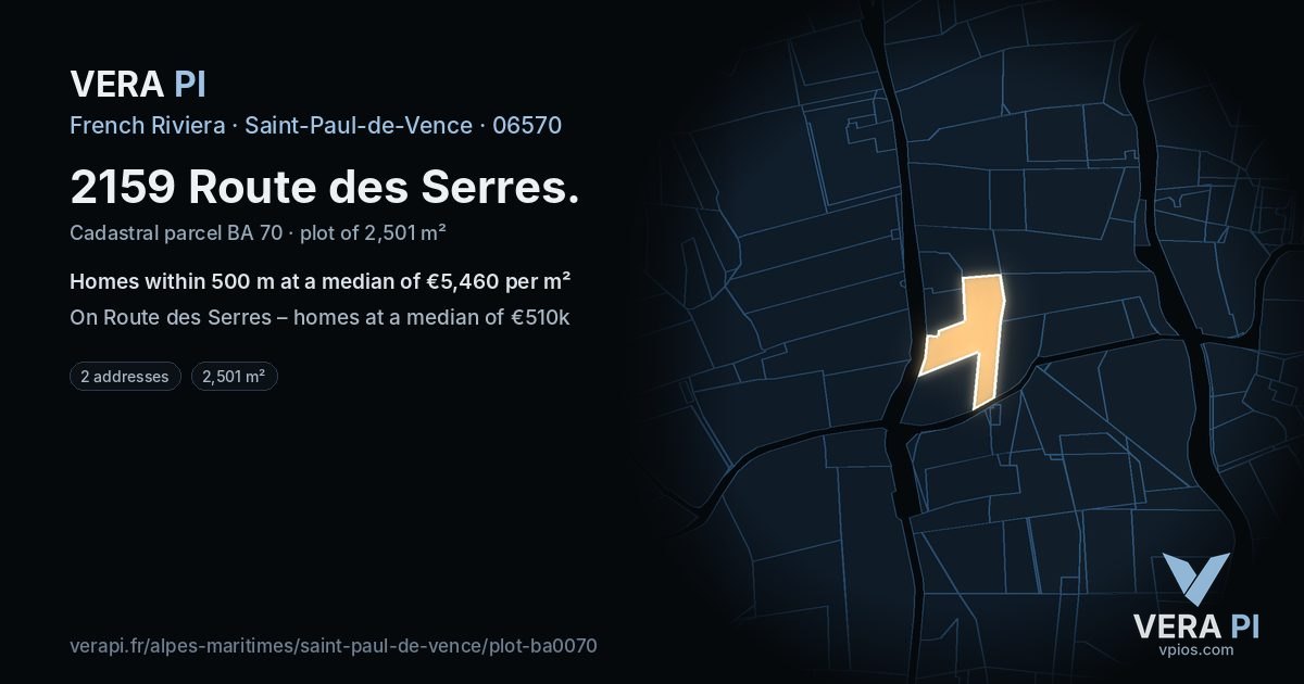 2159 Route des Serres, Saint-Paul-de-Vence at night – the plot lit, the parcels around coloured by the prices near them