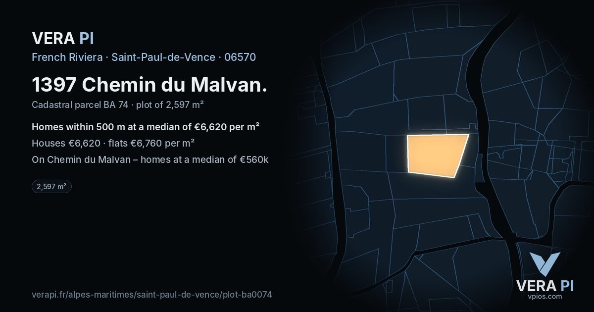 1397 Chemin du Malvan, Saint-Paul-de-Vence at night – the plot lit, the parcels around coloured by the prices near them