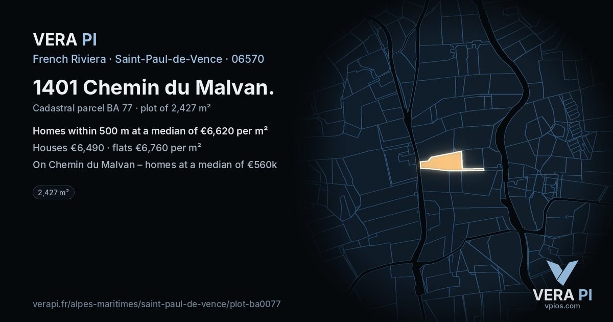 1401 Chemin du Malvan, Saint-Paul-de-Vence at night – the plot lit, the parcels around coloured by the prices near them