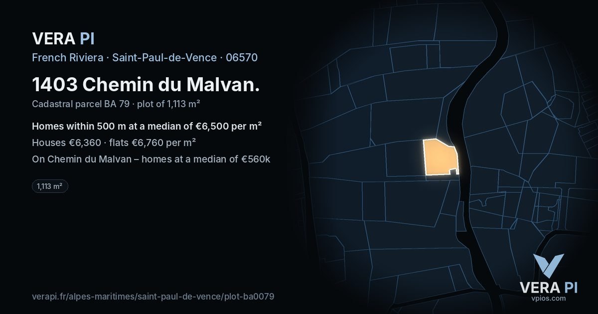 1403 Chemin du Malvan, Saint-Paul-de-Vence at night – the plot lit, the parcels around coloured by the prices near them