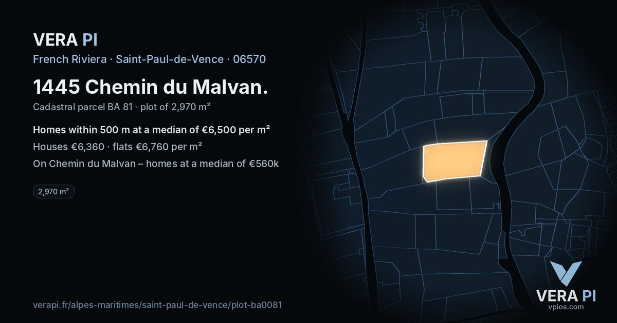 1445 Chemin du Malvan, Saint-Paul-de-Vence at night – the plot lit, the parcels around coloured by the prices near them
