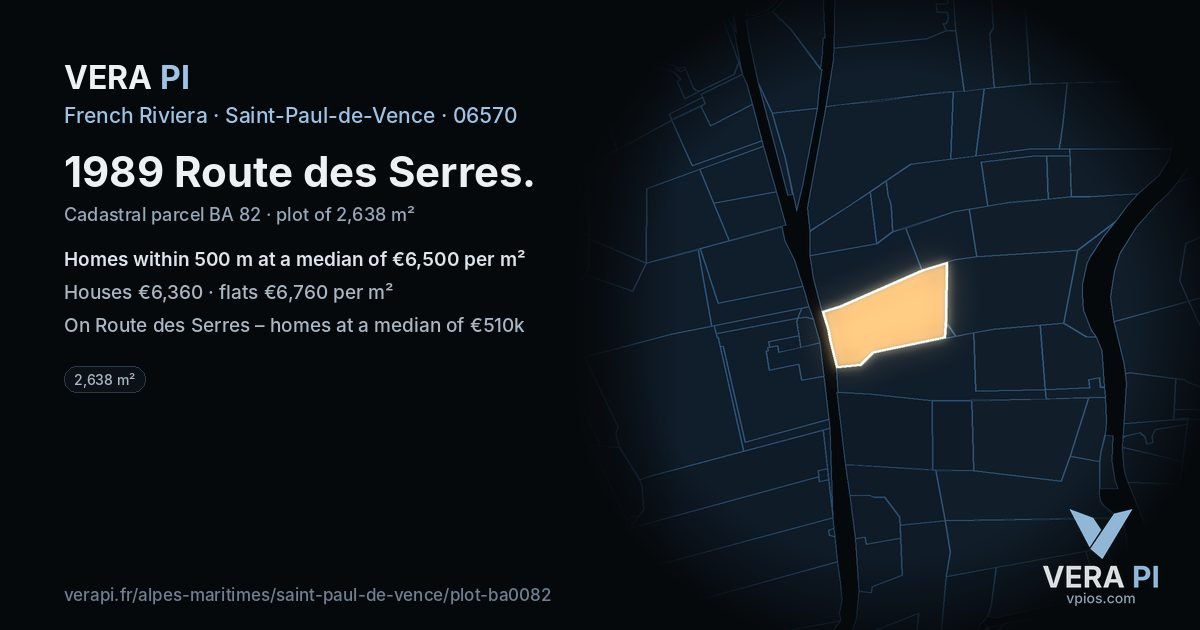 1989 Route des Serres, Saint-Paul-de-Vence at night – the plot lit, the parcels around coloured by the prices near them